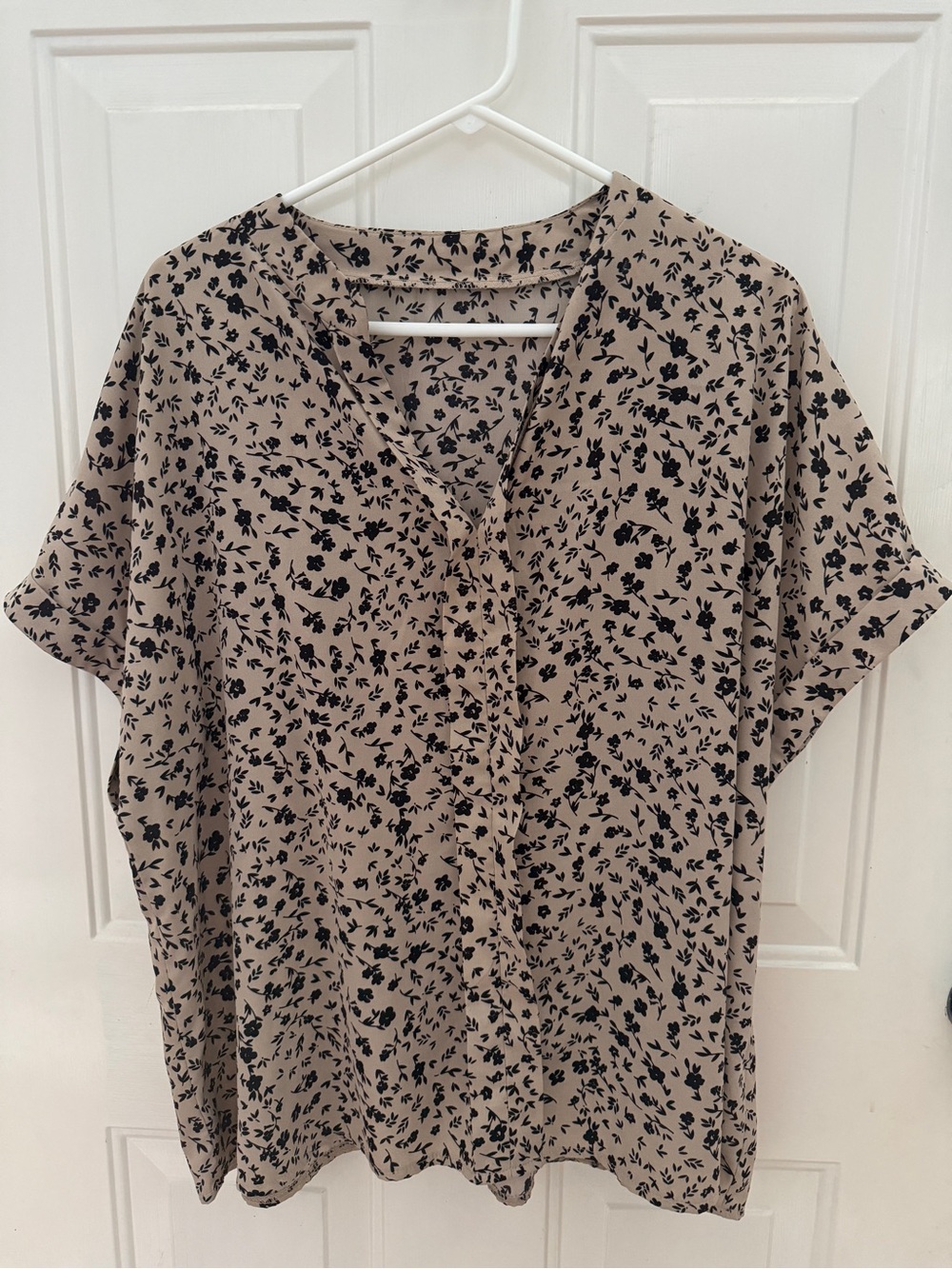 SHEIN Taupe Short Sleeve V-Neck Blouse with Black Floral Print